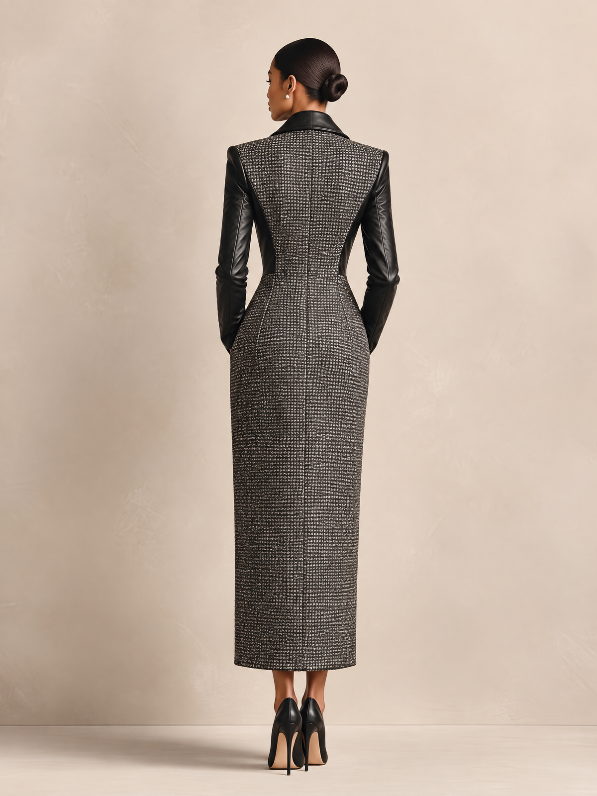 Women's Waist Fit Tweed Leather Lapel Coat