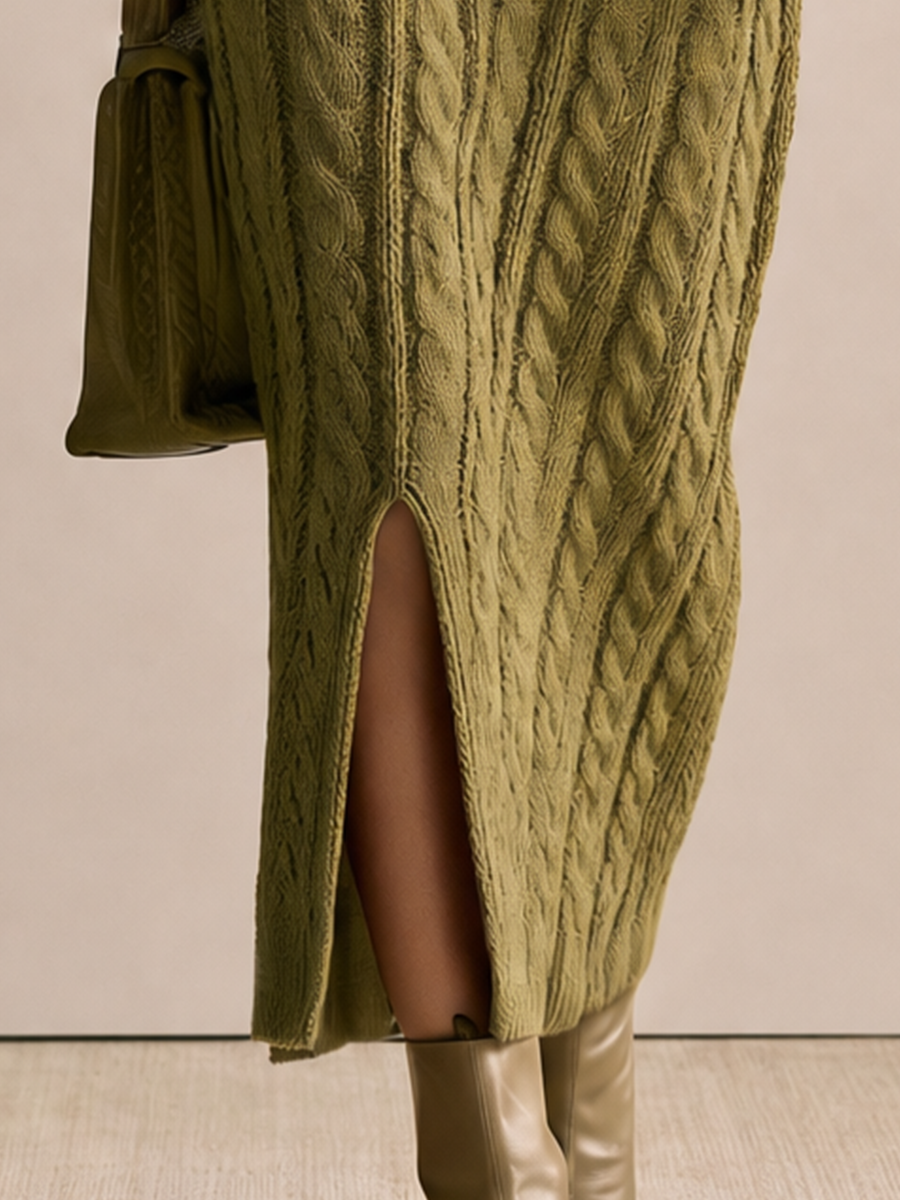 Women's Cable Knit Olive Green Midi Skirt