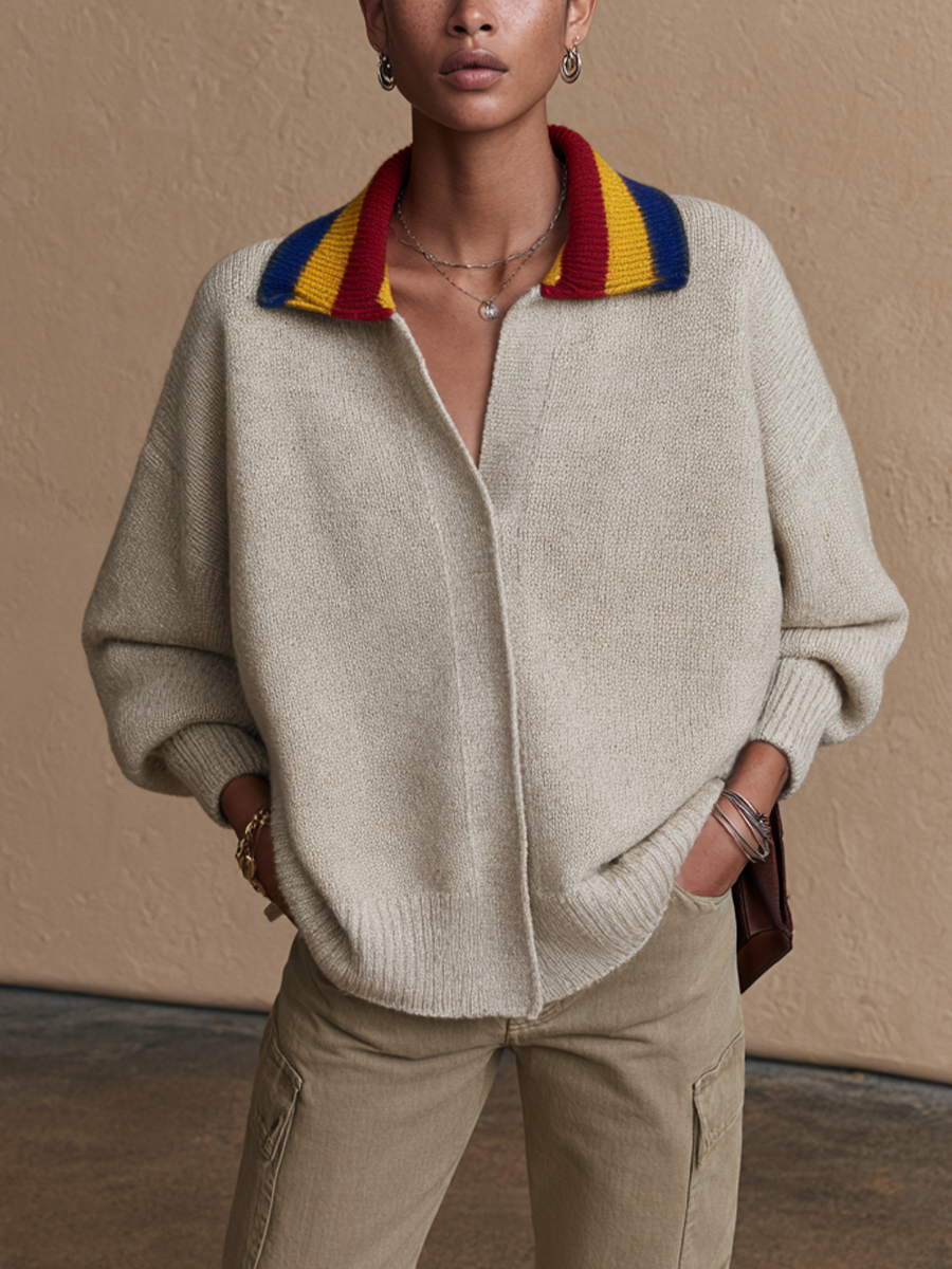 Women's Contrast Stripe Collar Casual Sweater