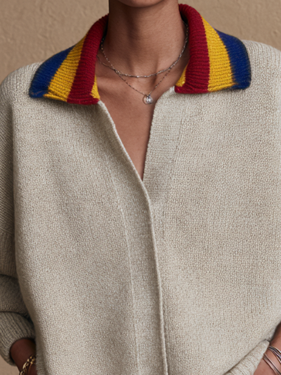 Women's Contrast Stripe Collar Casual Sweater