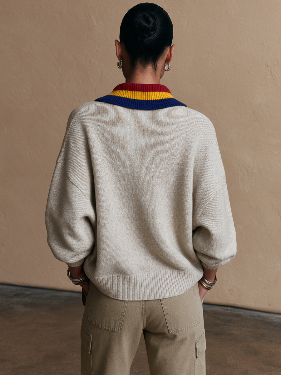 Women's Contrast Stripe Collar Casual Sweater