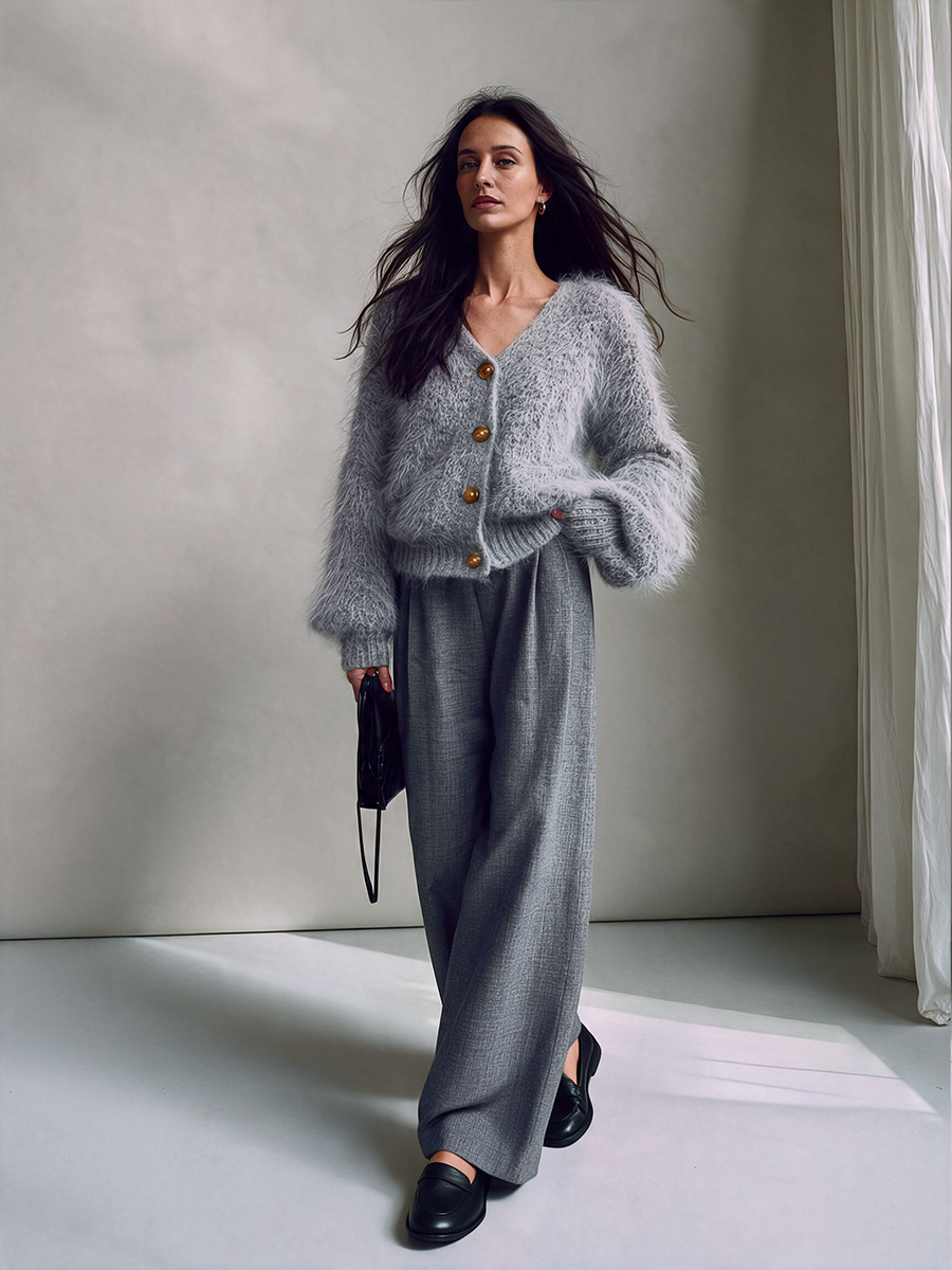 Women's Fluffy Mohair V-Neck Cardigan