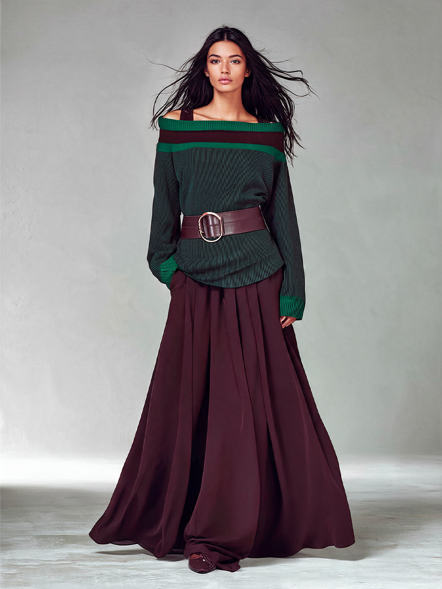 Women's Off Shoulder Striped Knit Top & Maxi Skirt Set