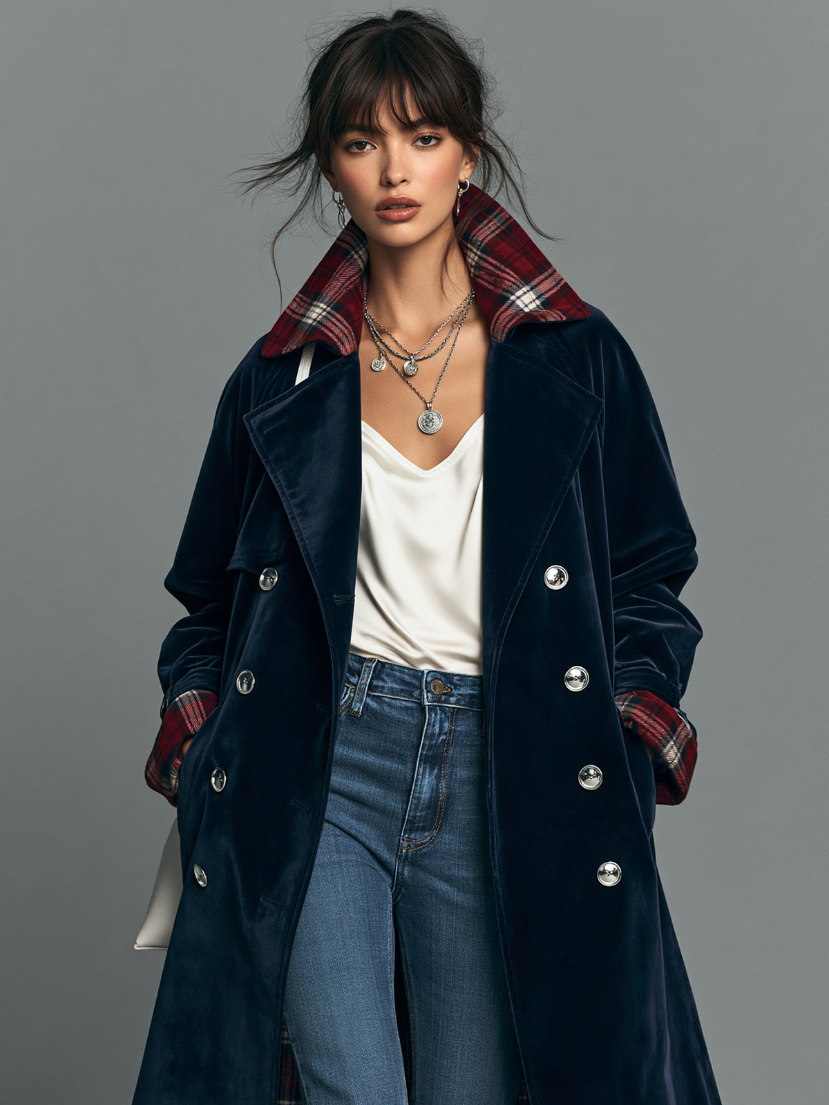 Women's Double-Breasted Coat With Vintage Velvet Paneling And Plaid Lining