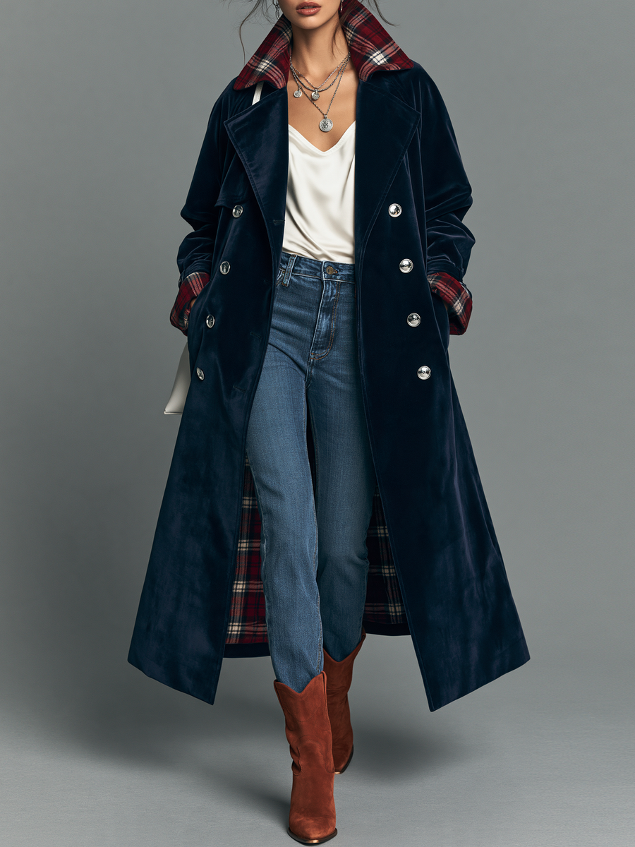 Women's Double-Breasted Coat With Vintage Velvet Paneling And Plaid Lining