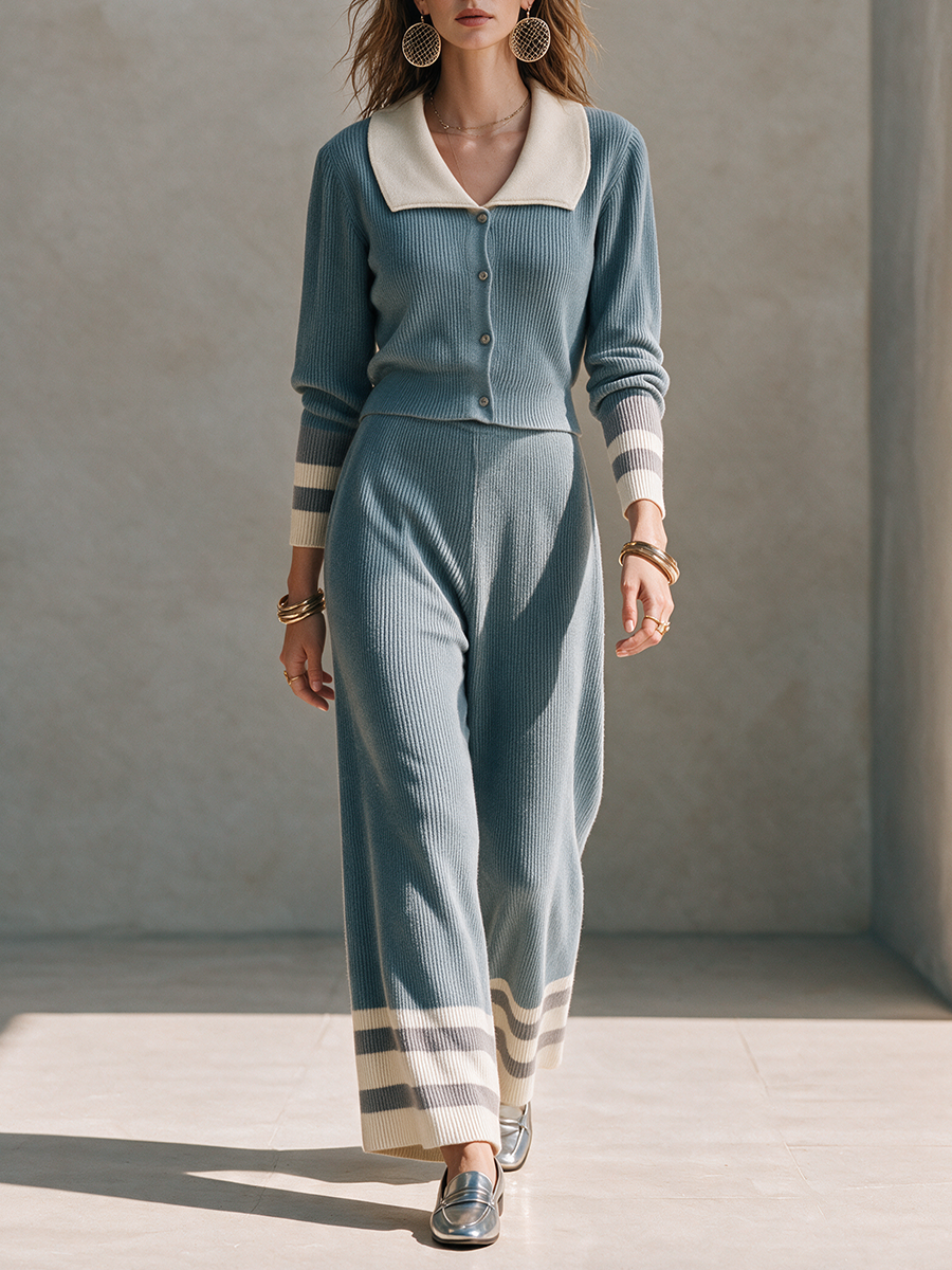 Product Name: Women's Dusty Blue Contrast Collar Knit Long-Sleeve Wide-Leg Pants Set