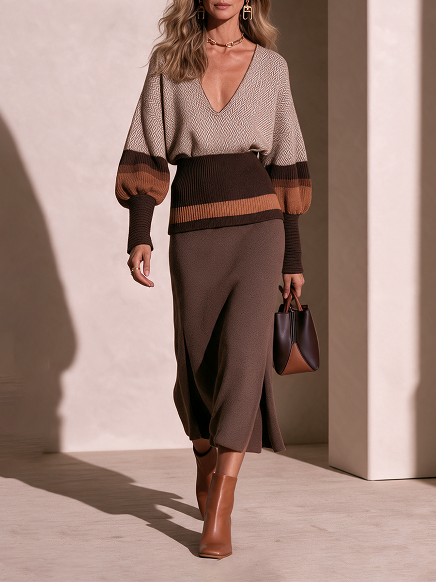 Women's V‑Neck Colour‑Block Lantern‑Sleeve Knit Set
