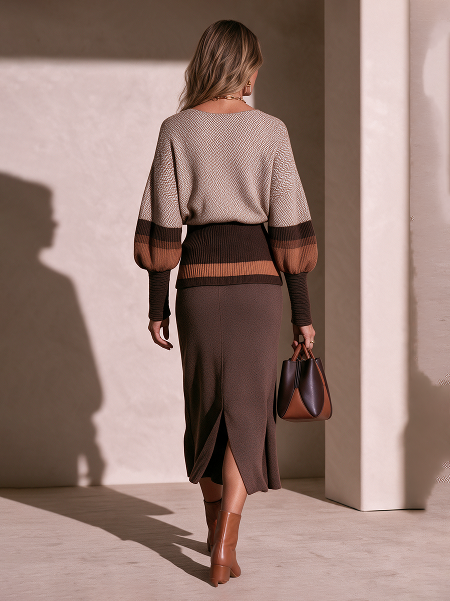 Women's V‑Neck Colour‑Block Lantern‑Sleeve Knit Set