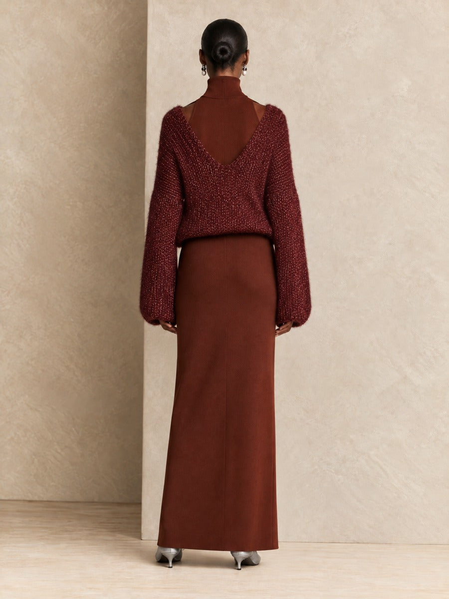 Women's Metallic Fuzzy V-Neck Burgundy Sweater