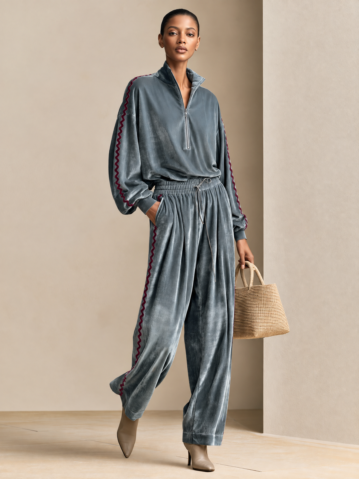 Women's Velour Half-Zip Pullover And Wide-Leg Pants Two-Piece Lounge Set