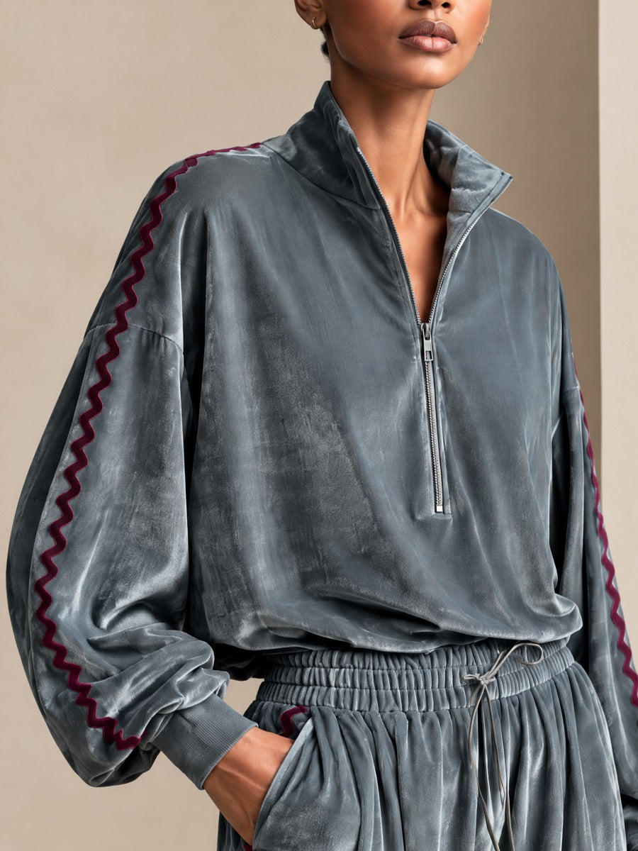 Women's Velour Half-Zip Pullover And Wide-Leg Pants Two-Piece Lounge Set