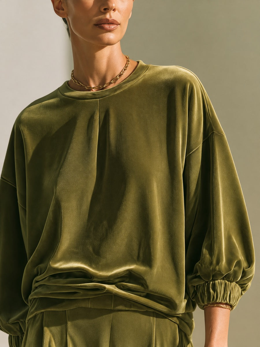 Women's Oversized Velvet Two-Piece Set - Crewneck Top & Wide-Leg Pants