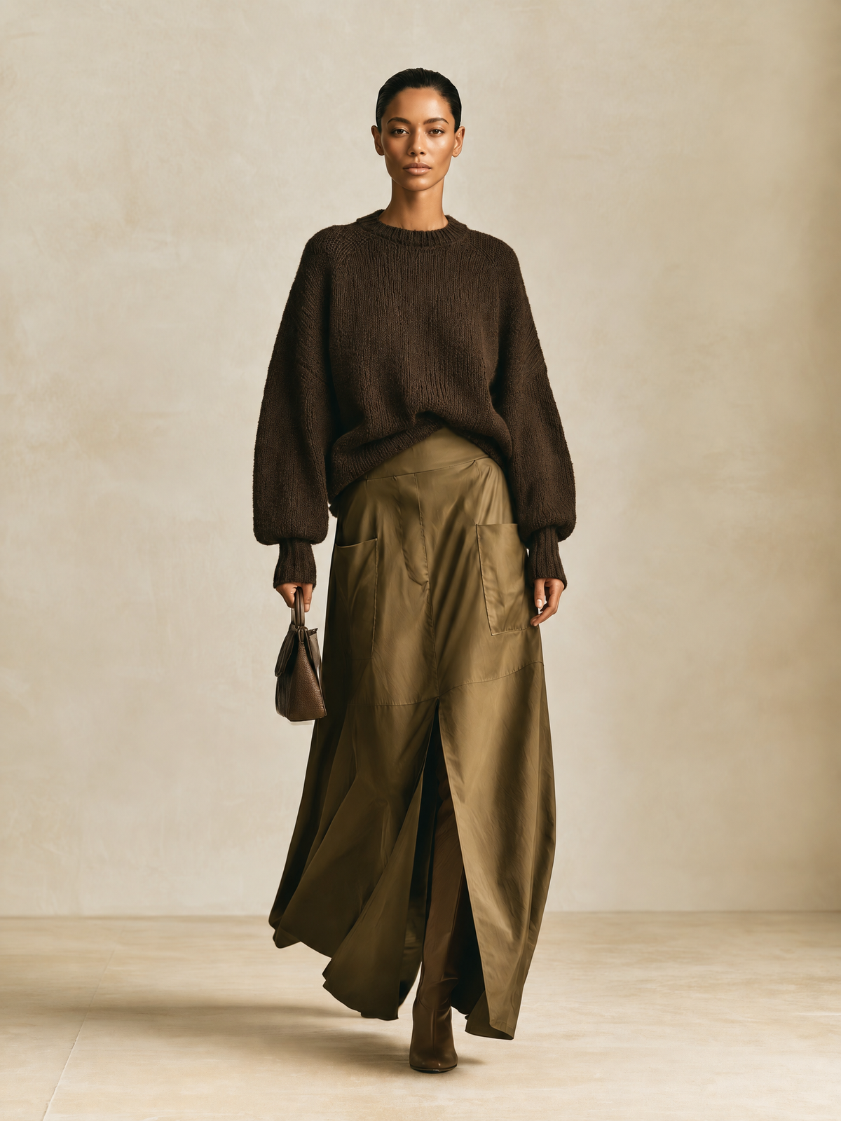 Women's Cargo Pocket High Slit Olive Maxi Skirt