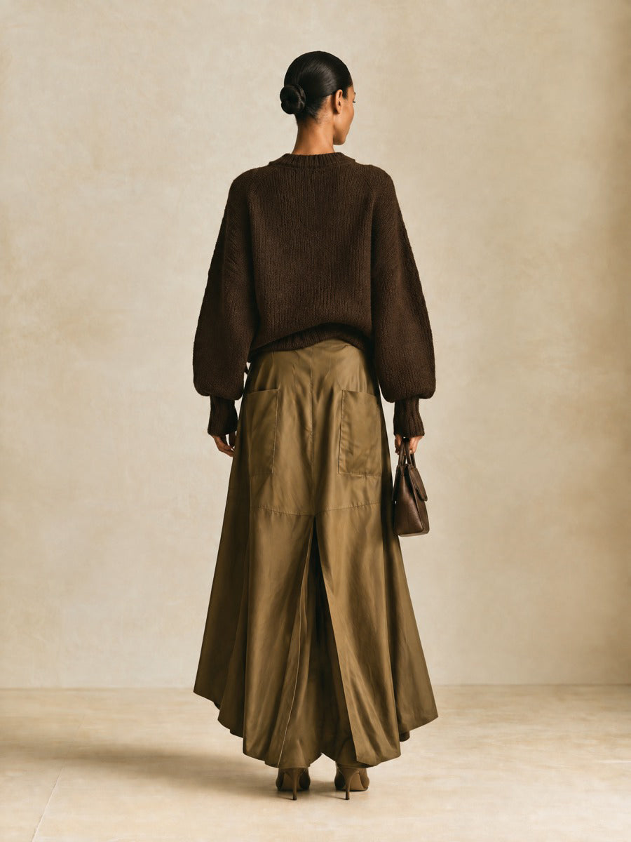 Women's Cargo Pocket High Slit Olive Maxi Skirt