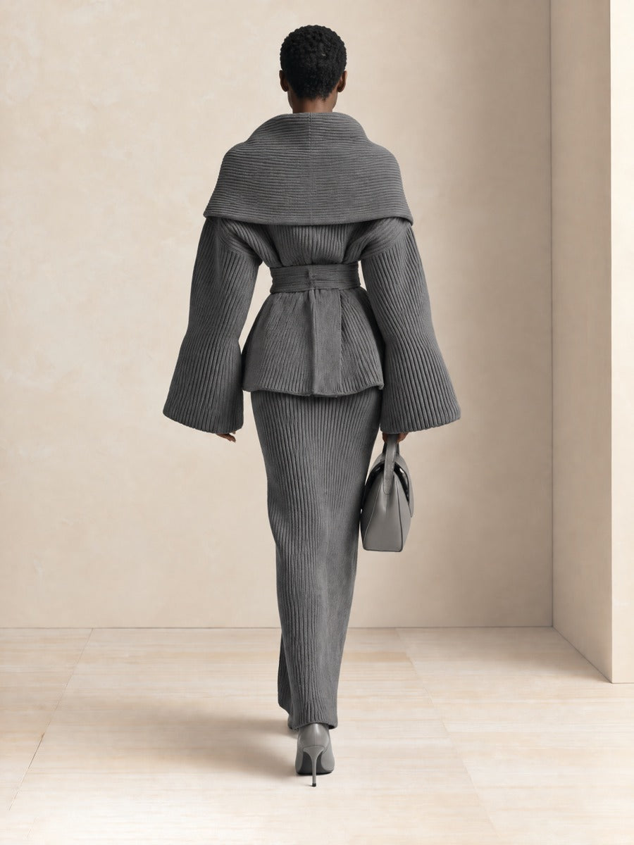 Women's Shawl Collar Belted Gray Knit Cardigan
