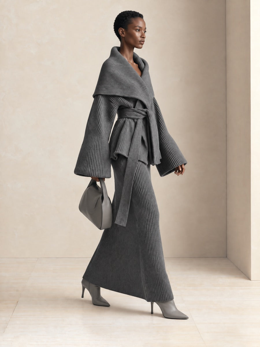 Women's Ribbed Knit High Waist Gray Maxi Skirt