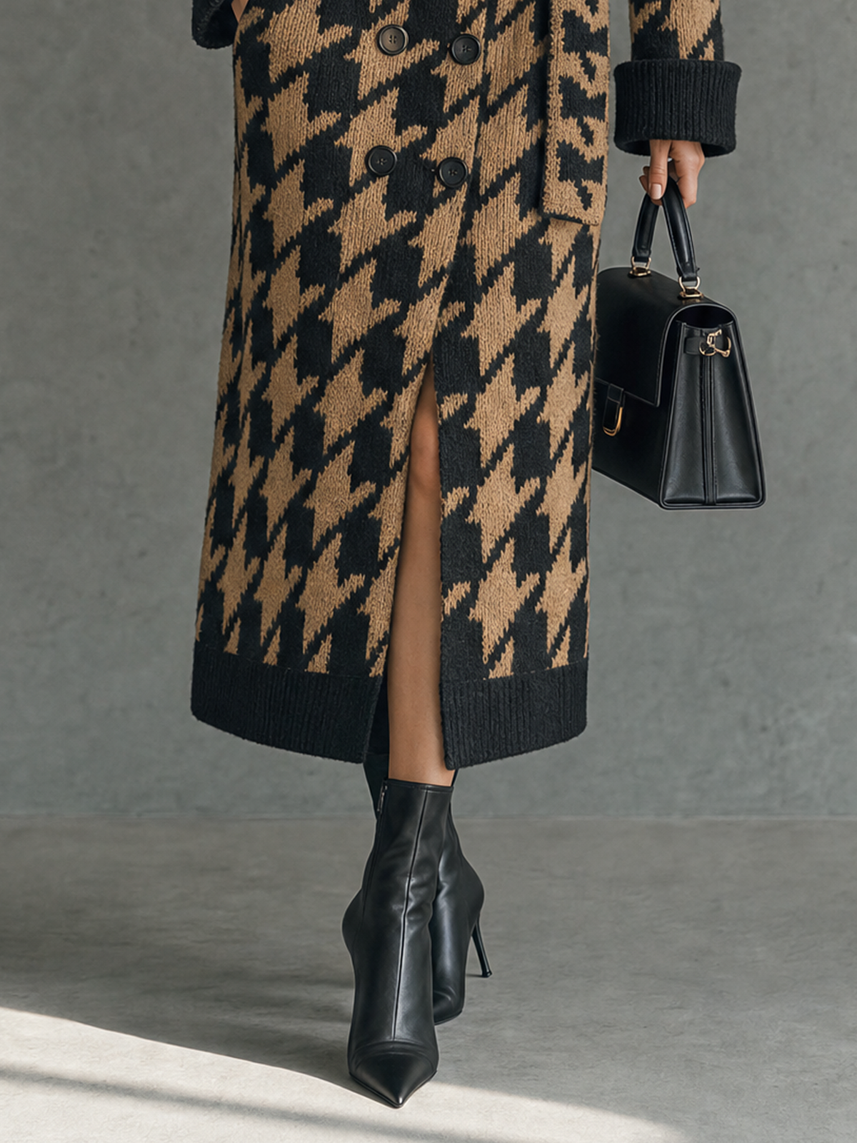 Women's Vintage Houndstooth Jacquard Double-Breasted Belted Cardigan