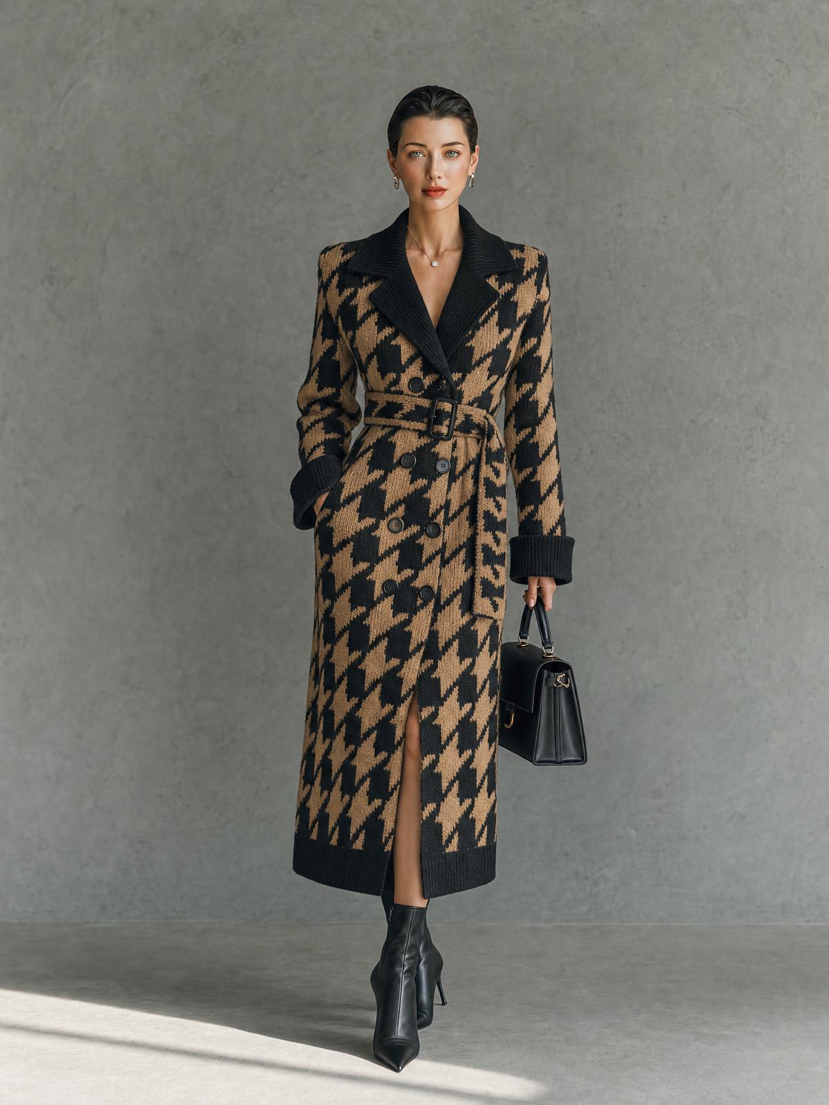 Women's Vintage Houndstooth Jacquard Double-Breasted Belted Cardigan