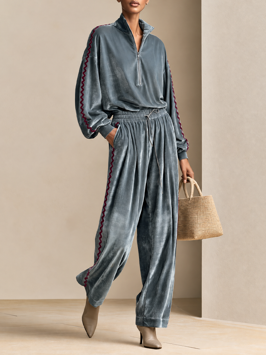 Women's Velour Half-Zip Pullover And Wide-Leg Pants Two-Piece Lounge Set