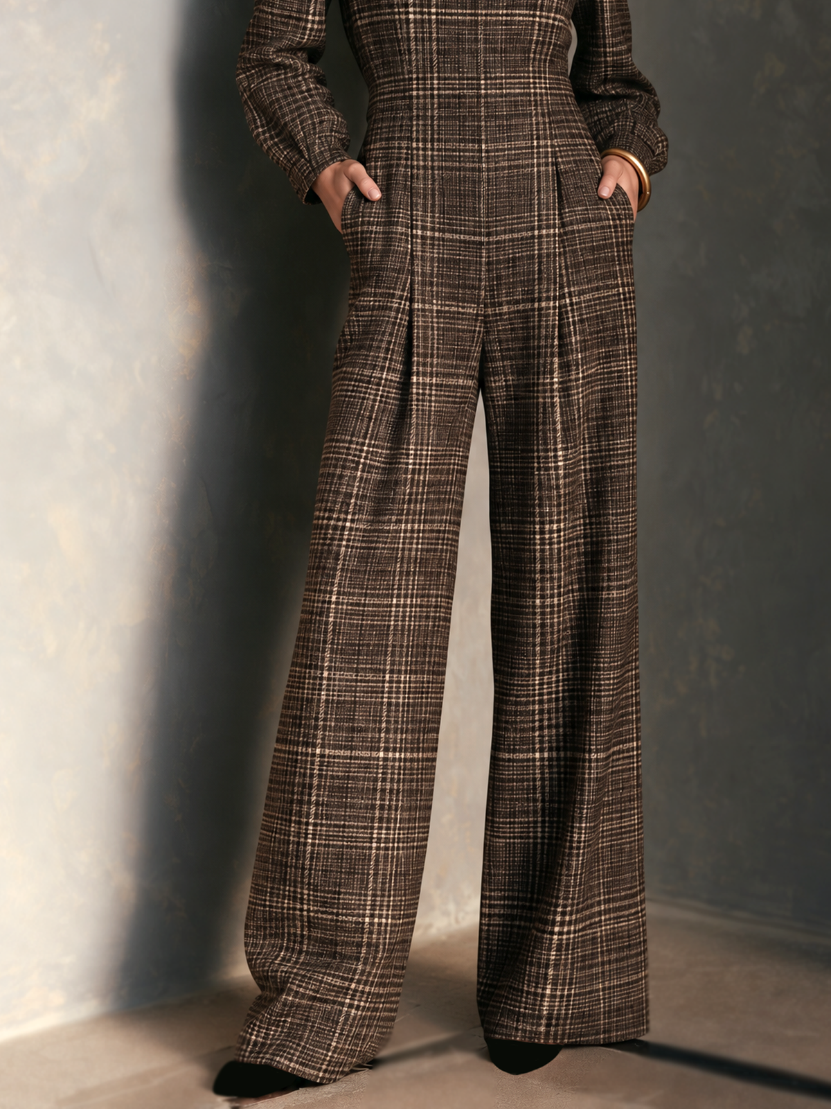 Women's Vintage Plaid Woolen Stand Collar Wide Leg Jumpsuit Long Sleeve Jumpsuit