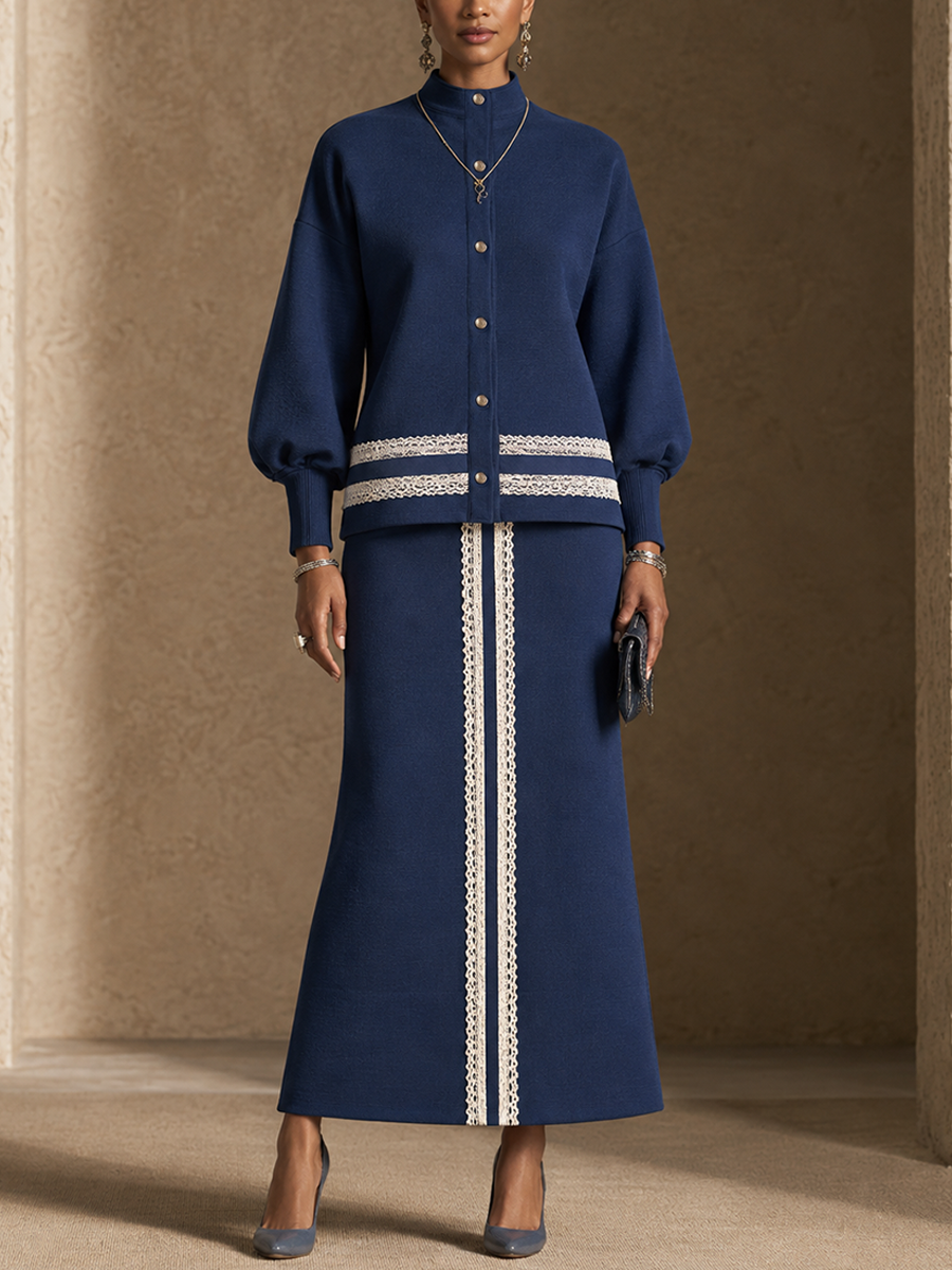 Women's Contrast Lace Panel Elegant Stand Collar Skirt Set