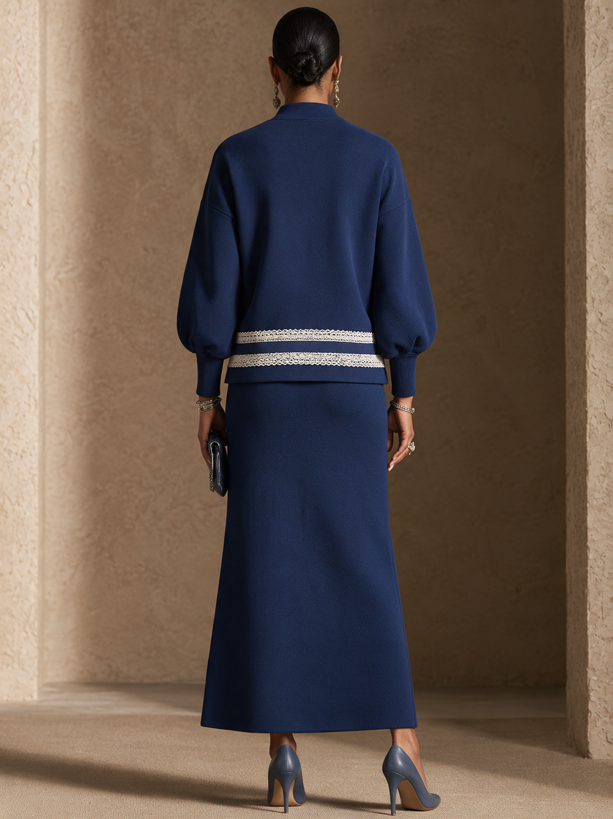 Women's Contrast Lace Panel Elegant Stand Collar Skirt Set