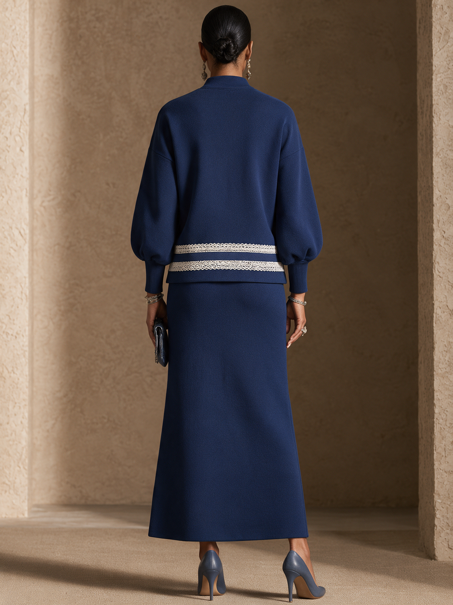 Women's Contrast Lace Panel Elegant Stand Collar Skirt Set