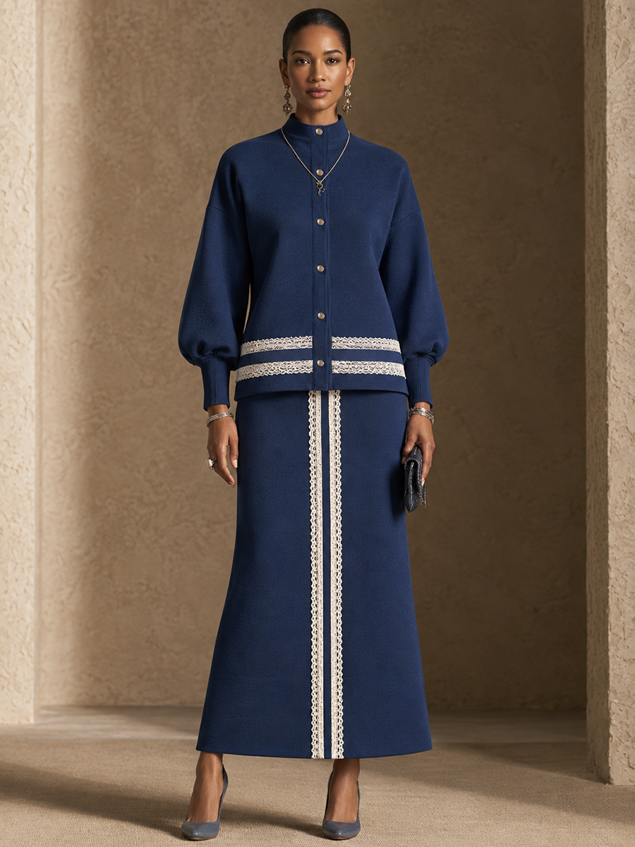 Women's Contrast Lace Panel Elegant Stand Collar Skirt Set