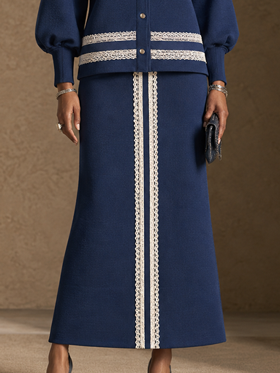 Women's Contrast Lace Panel Elegant Stand Collar Skirt Set