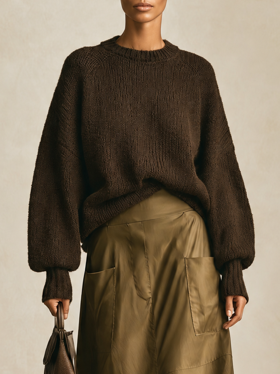 Women's Oversized Crewneck Chocolate Brown Knit Sweater