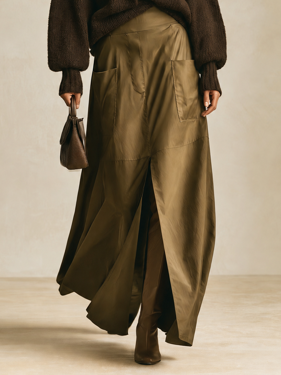 Women's Cargo Pocket High Slit Olive Maxi Skirt