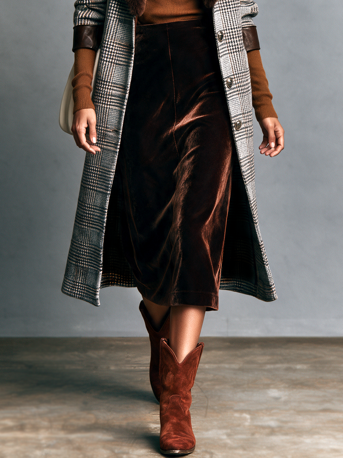 Women's Vintage Plaid Wool-Blend Coat With Leather Trim (Detachable Fur Collar)
