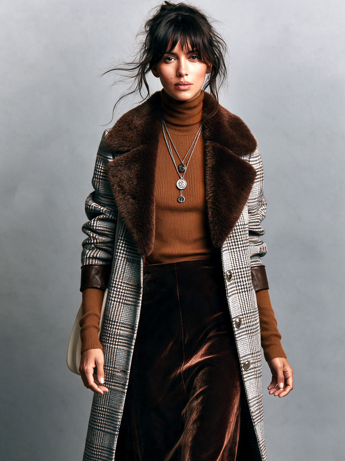 Women's Vintage Plaid Wool-Blend Coat With Leather Trim (Detachable Fur Collar)