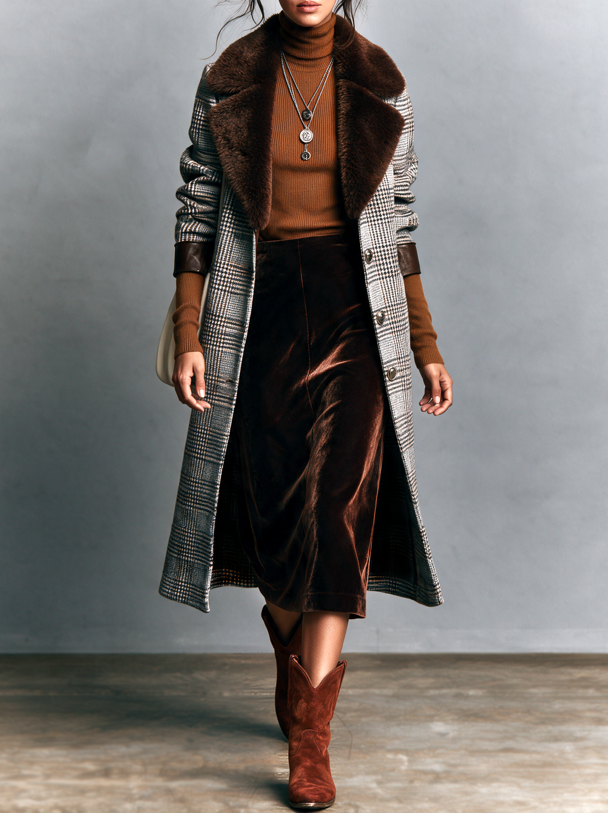 Women's Vintage Plaid Wool-Blend Coat With Leather Trim (Detachable Fur Collar)
