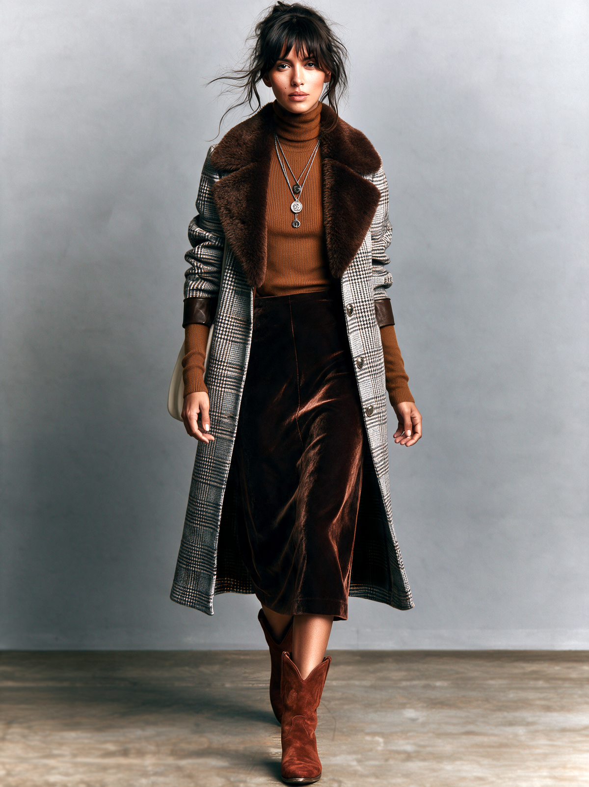 Women's Vintage Plaid Wool-Blend Coat With Leather Trim (Detachable Fur Collar)