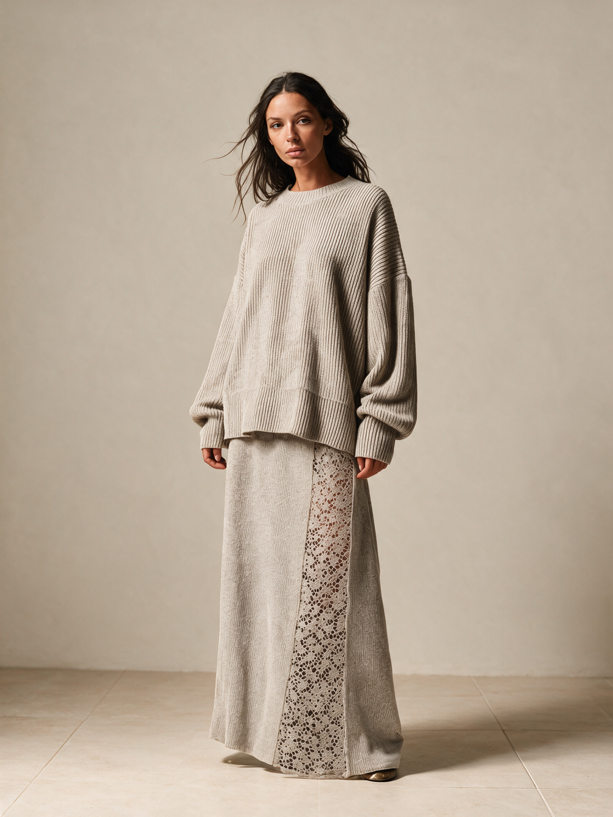Women's Oversized Rib Knit Sweater & Lace Panel Maxi Skirt Set