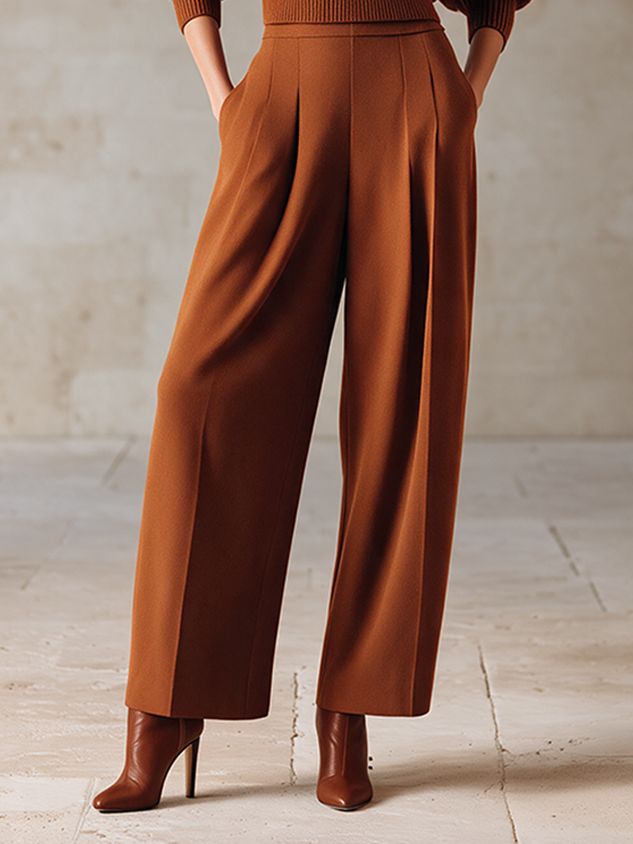 Women's Caramel High-Neck Knit Top & Wide-Leg Trouser Set