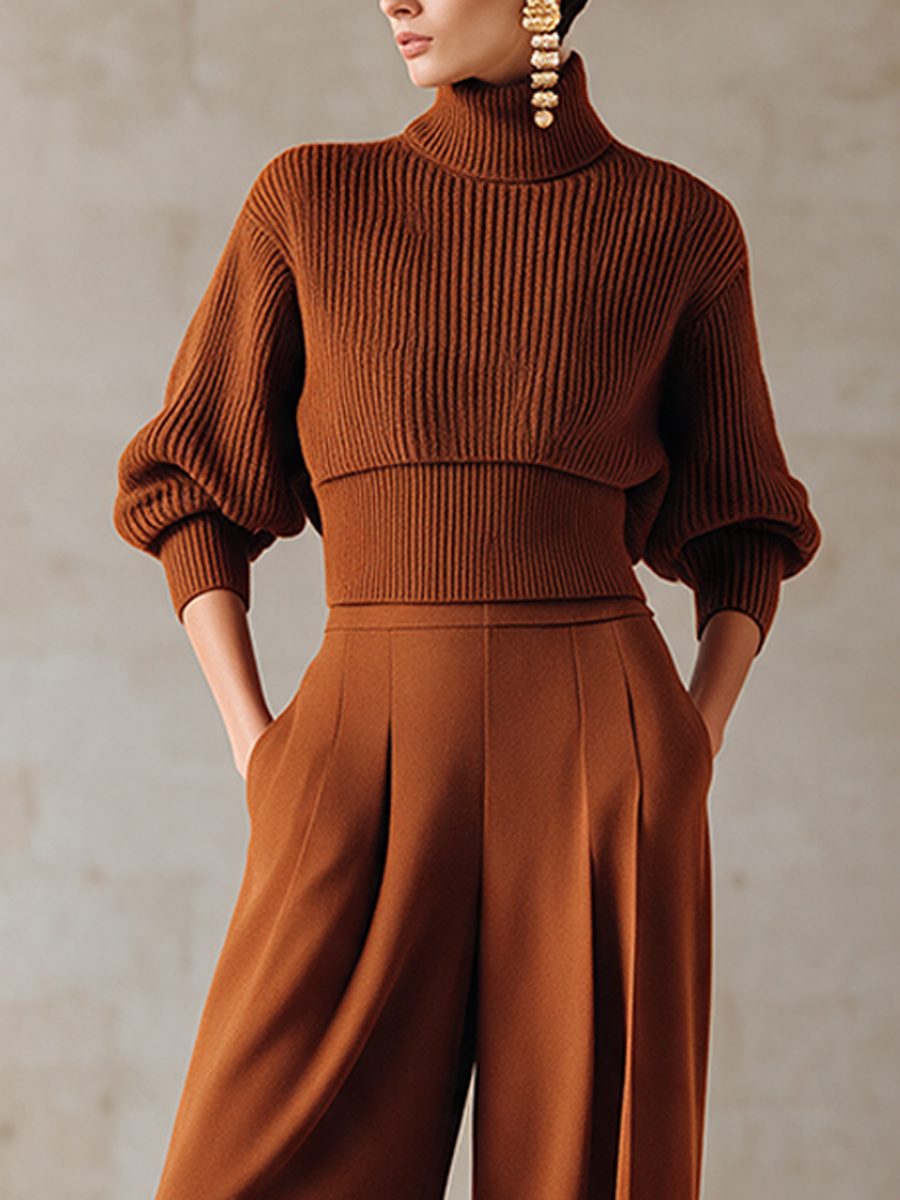 Women's Caramel High-Neck Knit Top & Wide-Leg Trouser Set