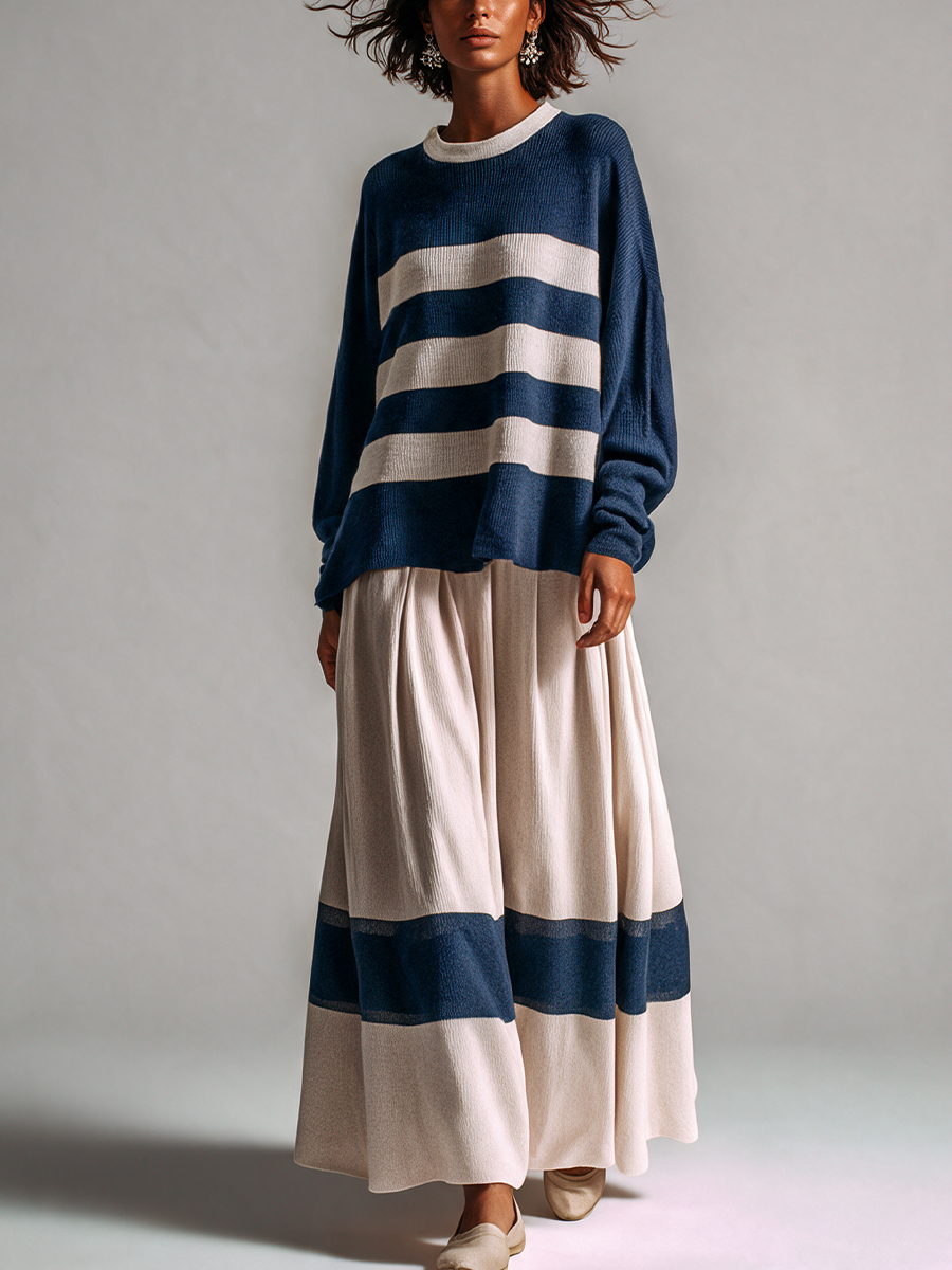 Women's Stripe Knit Top & Pleated Maxi Skirt Set