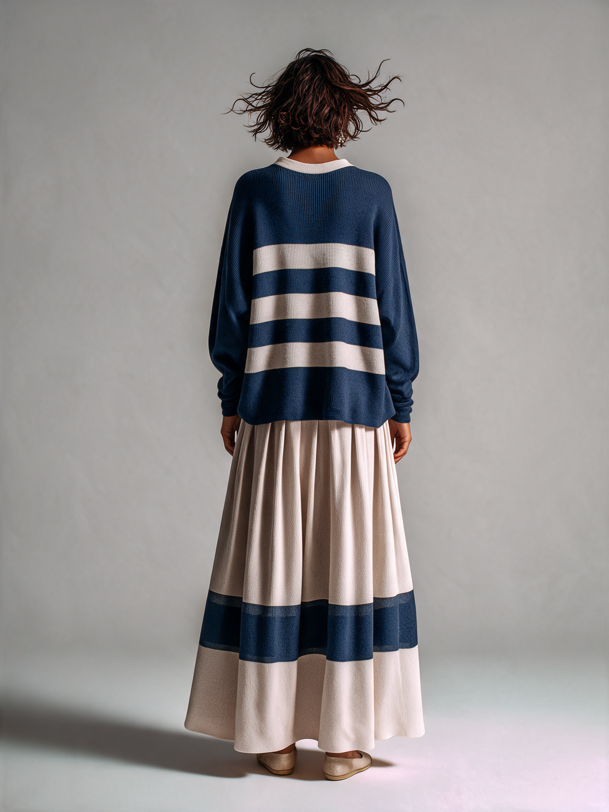 Women's Stripe Knit Top & Pleated Maxi Skirt Set