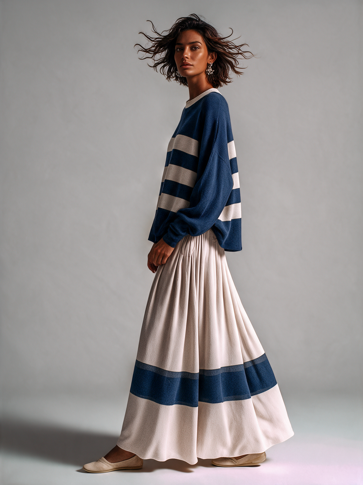 Women's Stripe Knit Top & Pleated Maxi Skirt Set