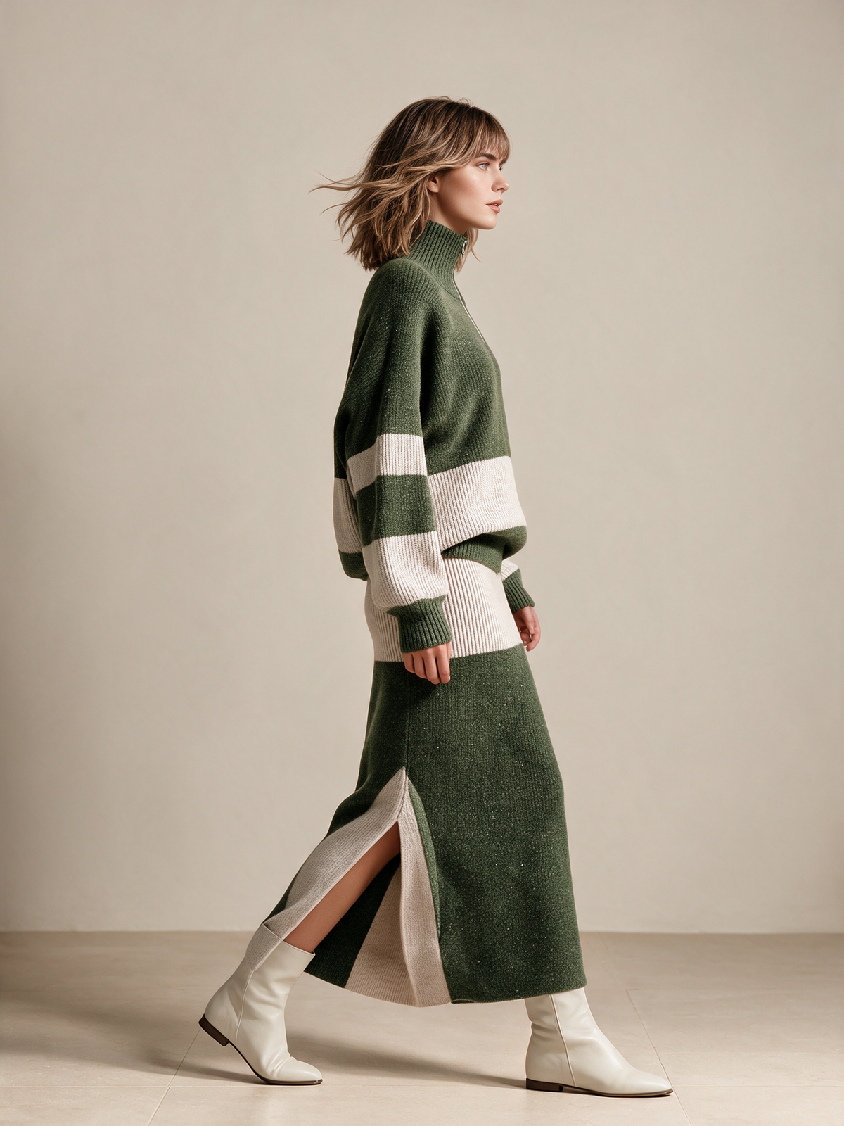 Women's Half Zip Color Block Knit Sweater & Midi Skirt Set