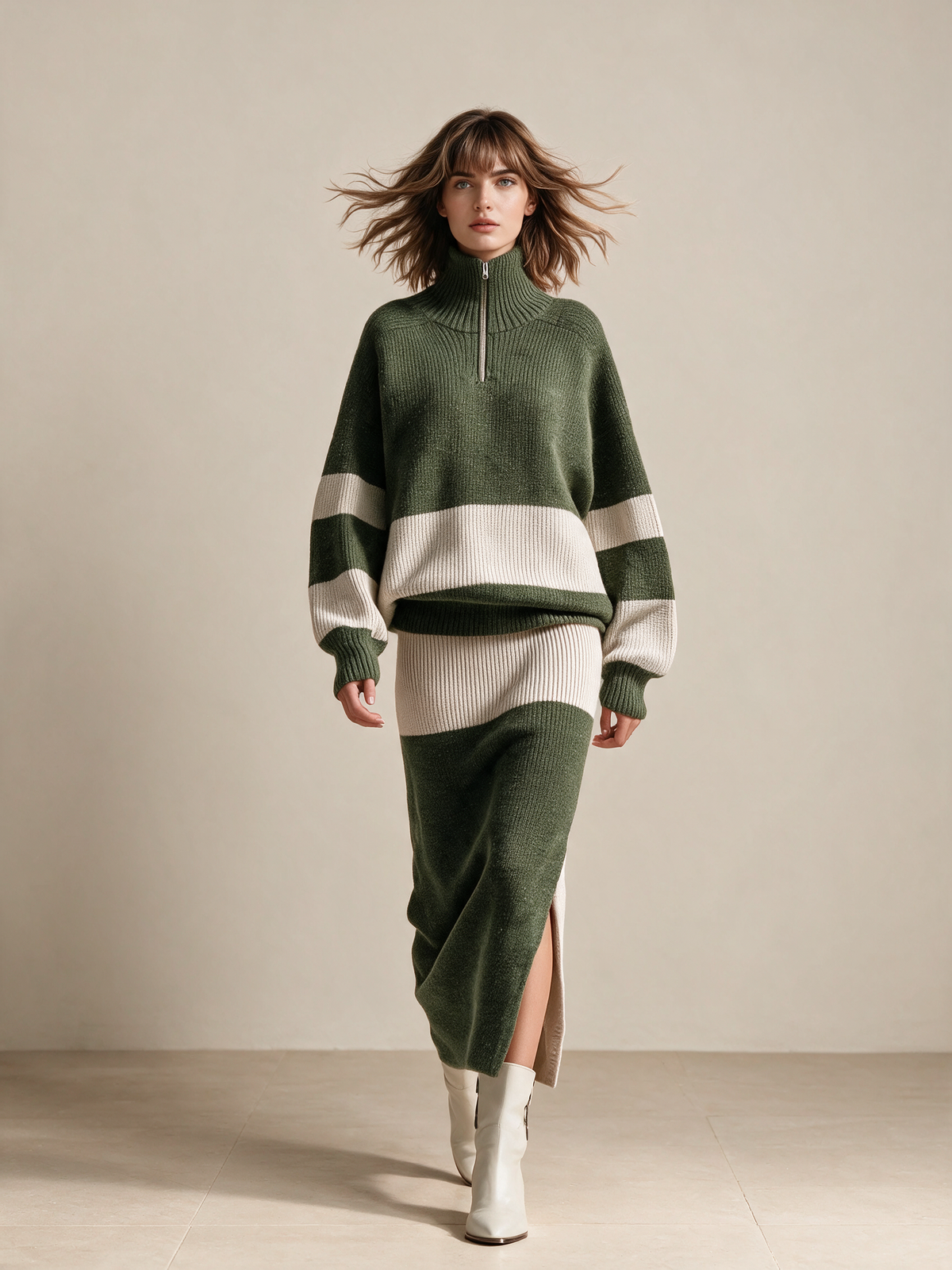 Women's Half Zip Color Block Knit Sweater & Midi Skirt Set