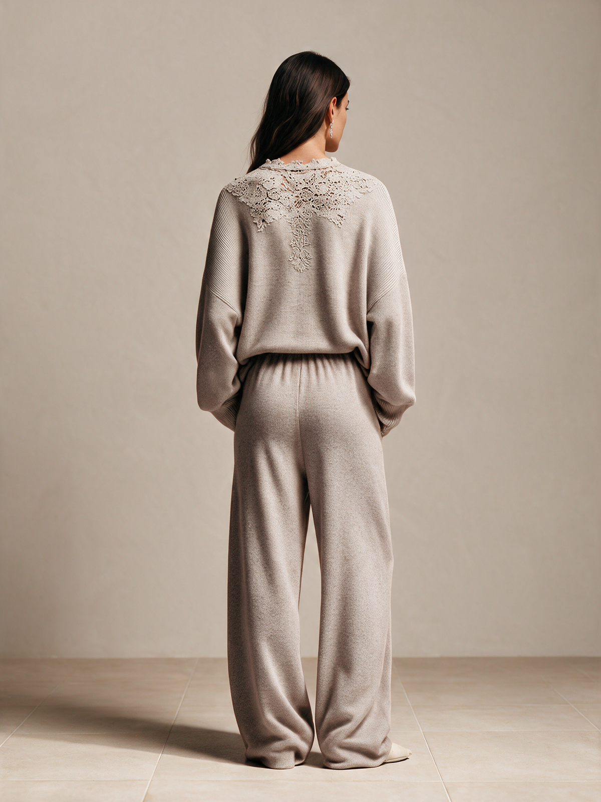 Women's Lace Collar Knit Sweater & Wide Leg Pants Set