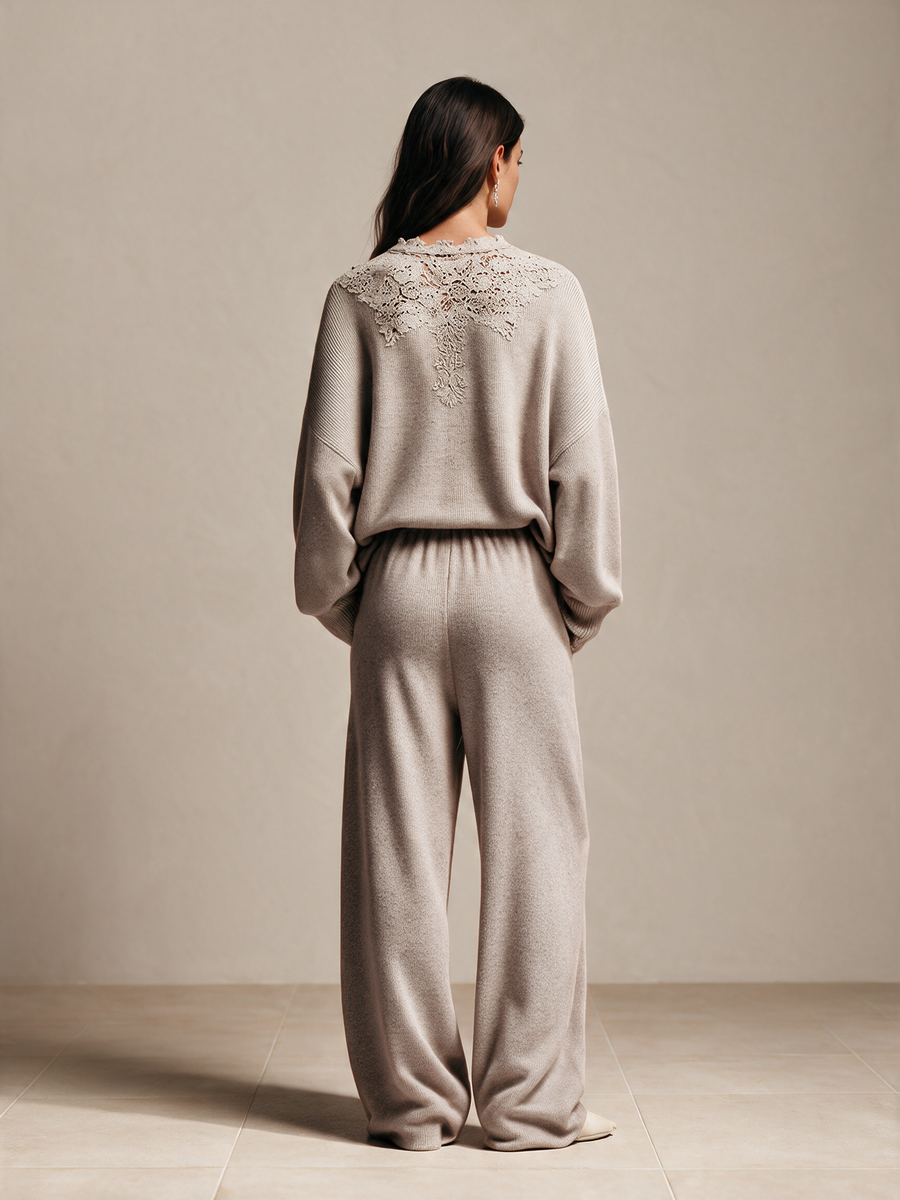 Women's Lace Collar Knit Sweater & Wide Leg Pants Set