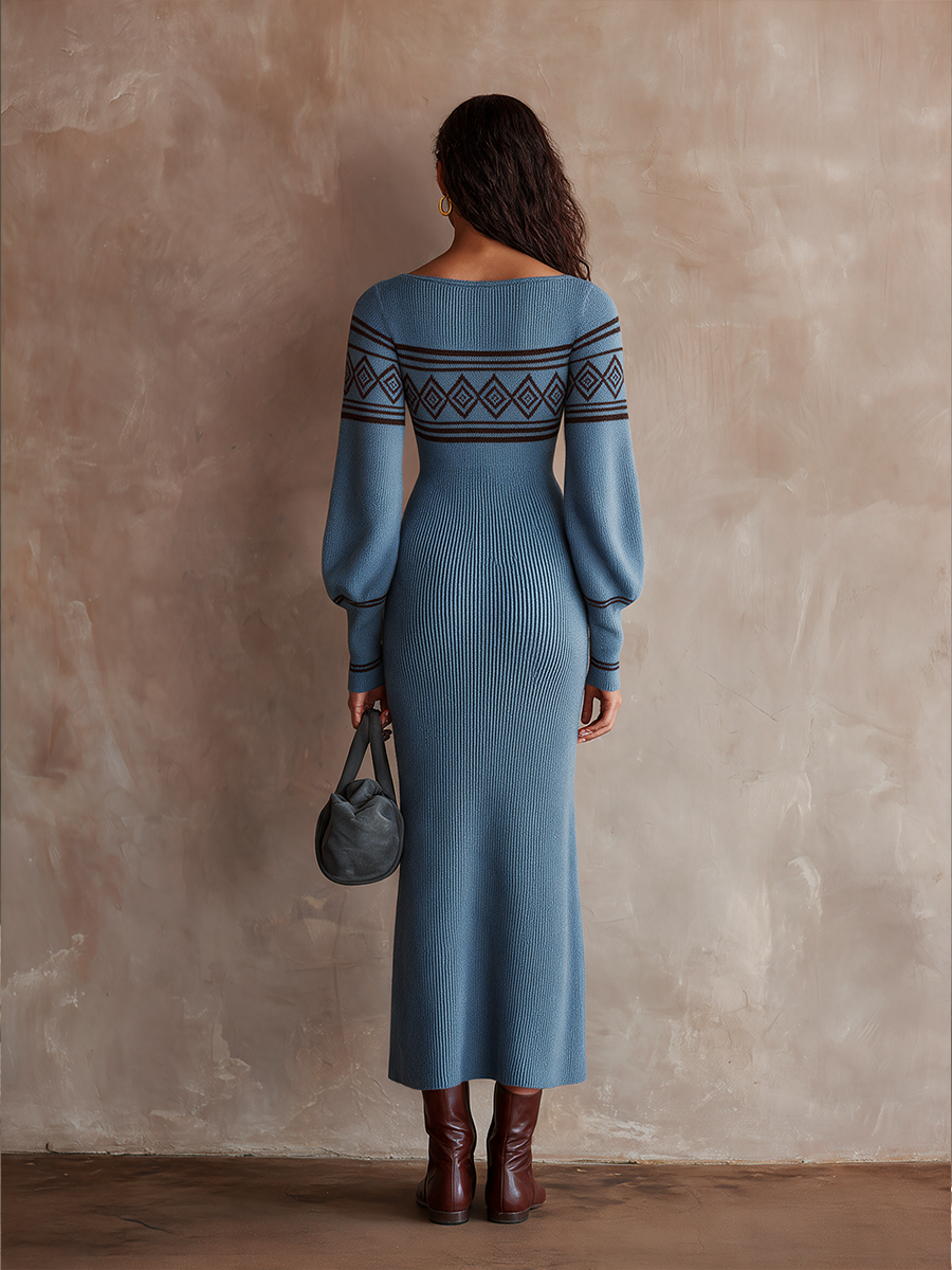 Women's Vintage Jacquard Off-Shoulder Slim-Fit Knit Midi Dress