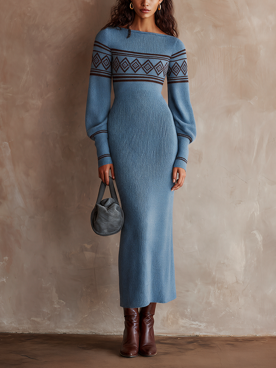 Women's Vintage Jacquard Off-Shoulder Slim-Fit Knit Midi Dress
