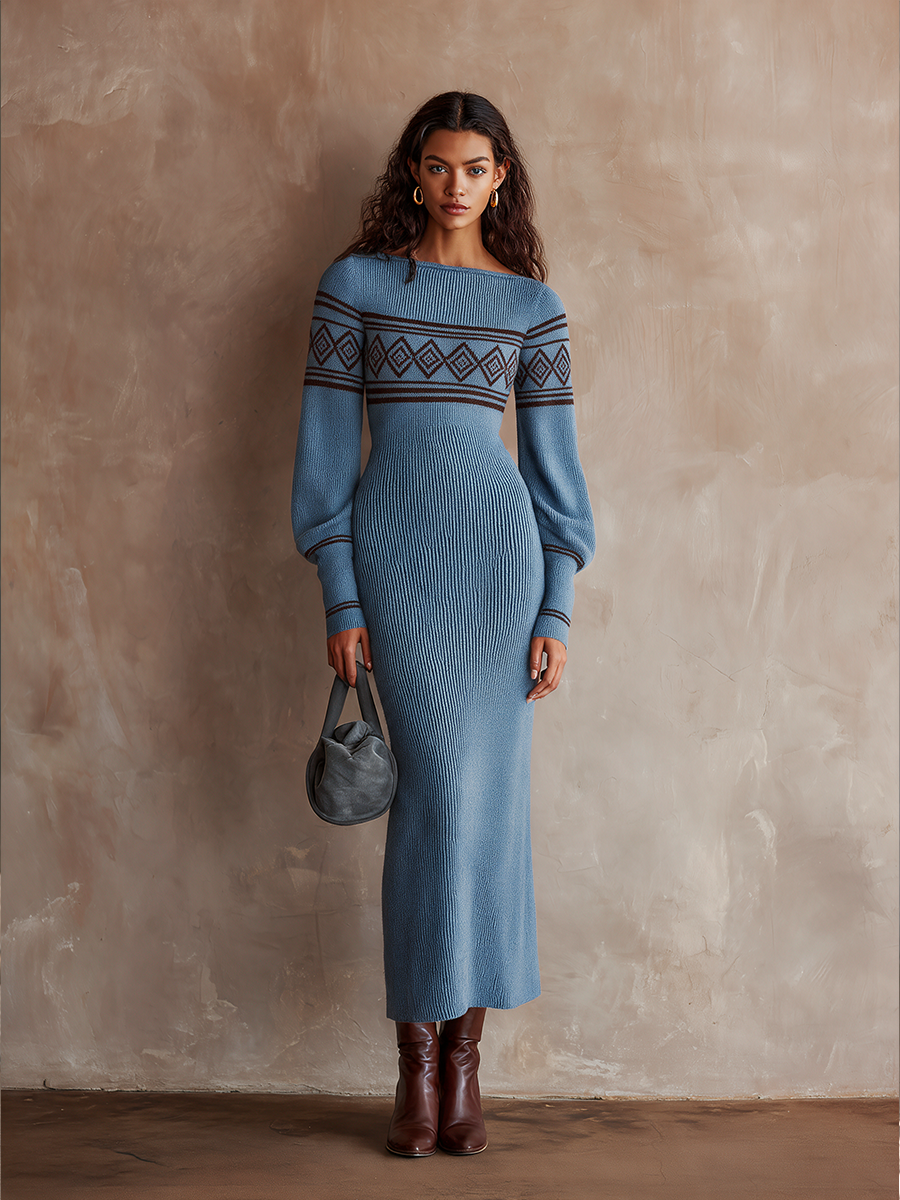 Women's Vintage Jacquard Off-Shoulder Slim-Fit Knit Midi Dress