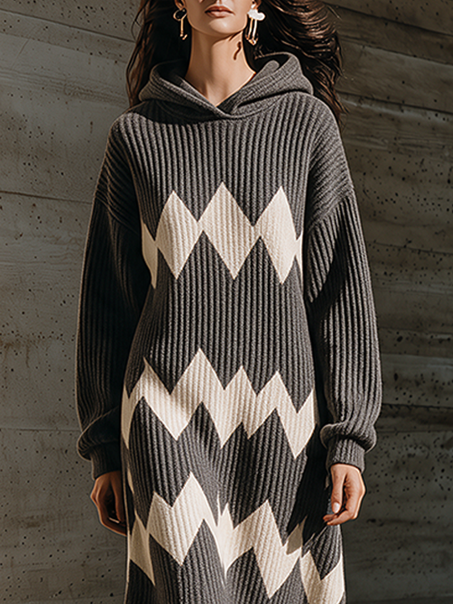 Women's Casual Contrast Wave Pattern Hooded Wool Midi Dress