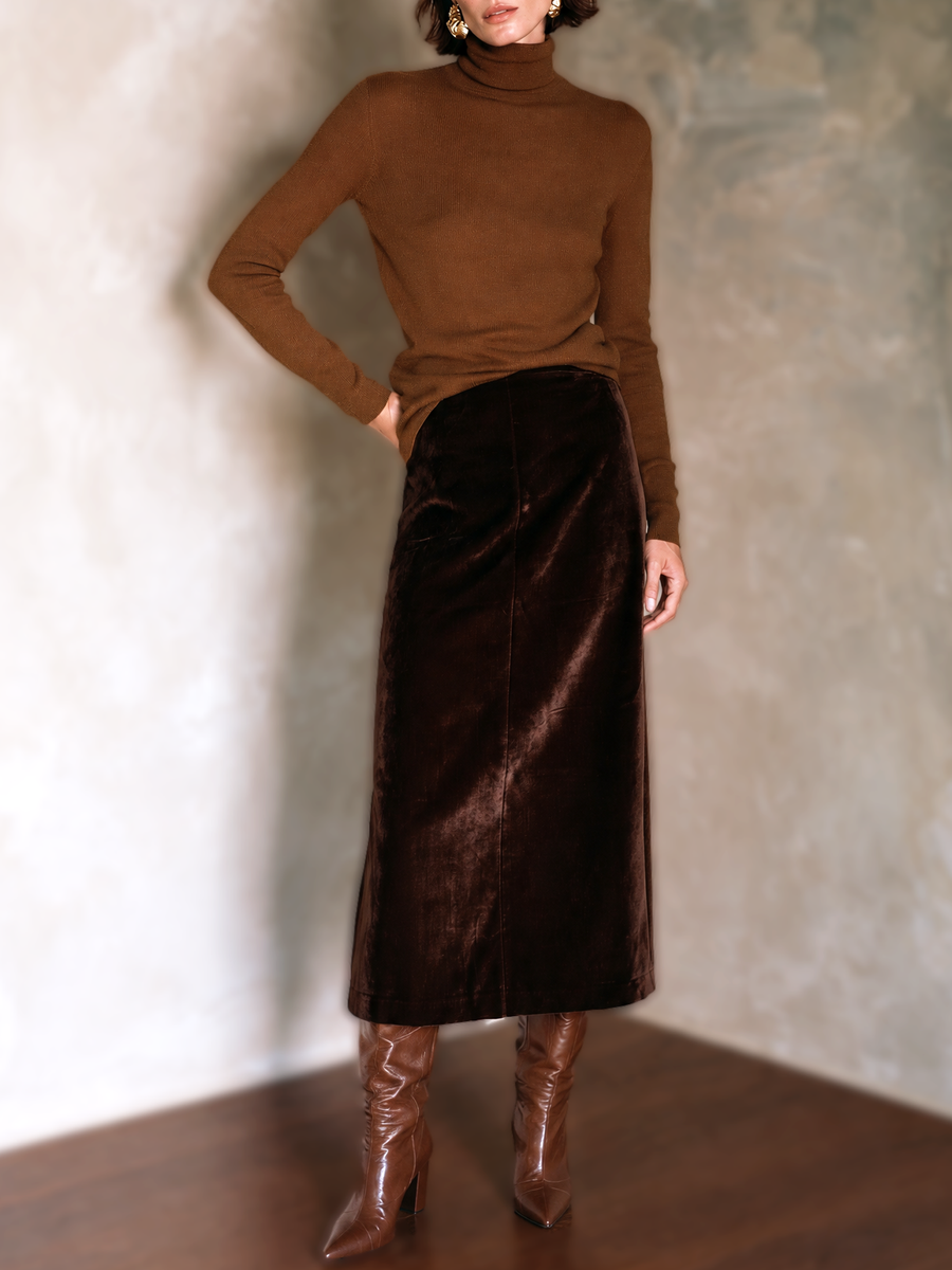 Women's Vintage Turtleneck Sweater And Velvet Skirt Set